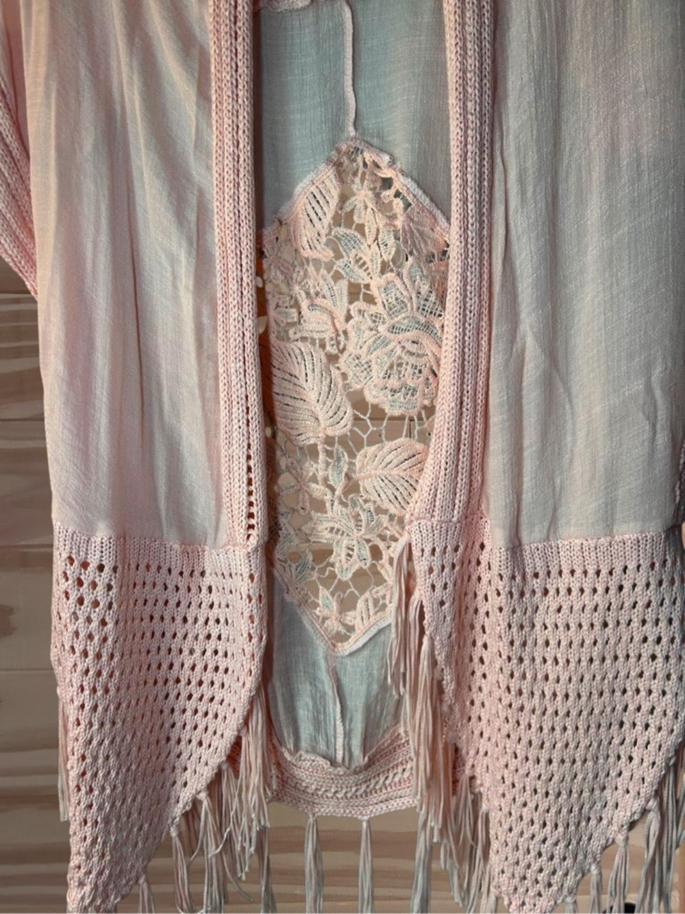 Forgotten Grace Crochet
Fringe Short Sleeve Pink Kimono
Top size s/m - Picture 2 of 7